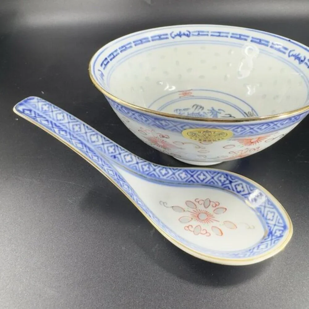 Vintage Chinese‎ Porcelain Rice Grain Bowl And Spoon Decorated Bowl With Sticker